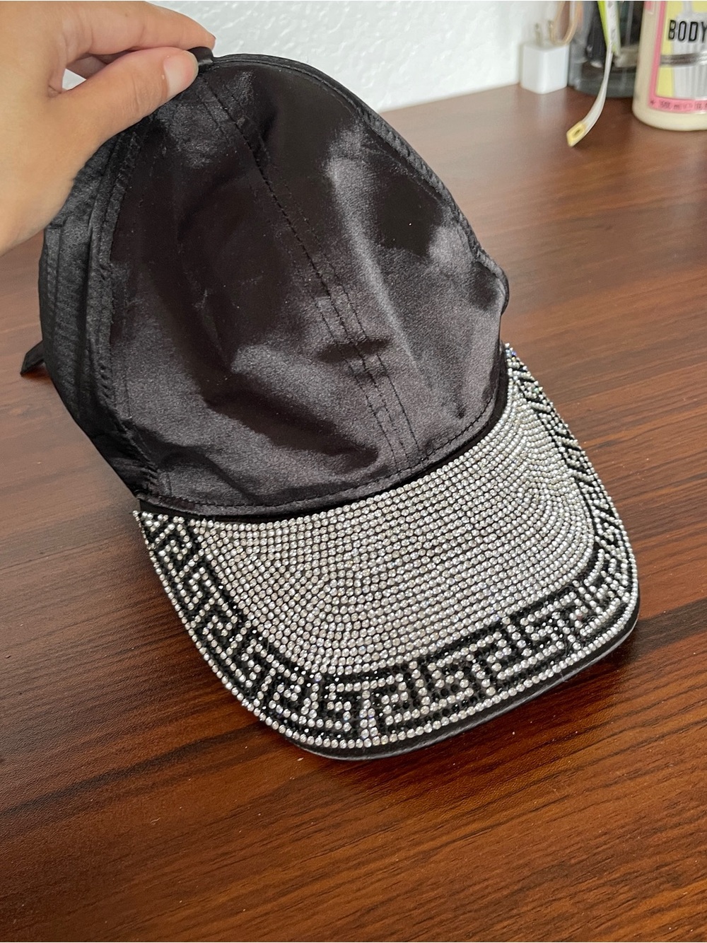 Black Satin Baseball Cap with Silver Crystal Greek Key hat